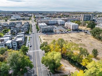Bird's eye view of street and residential area